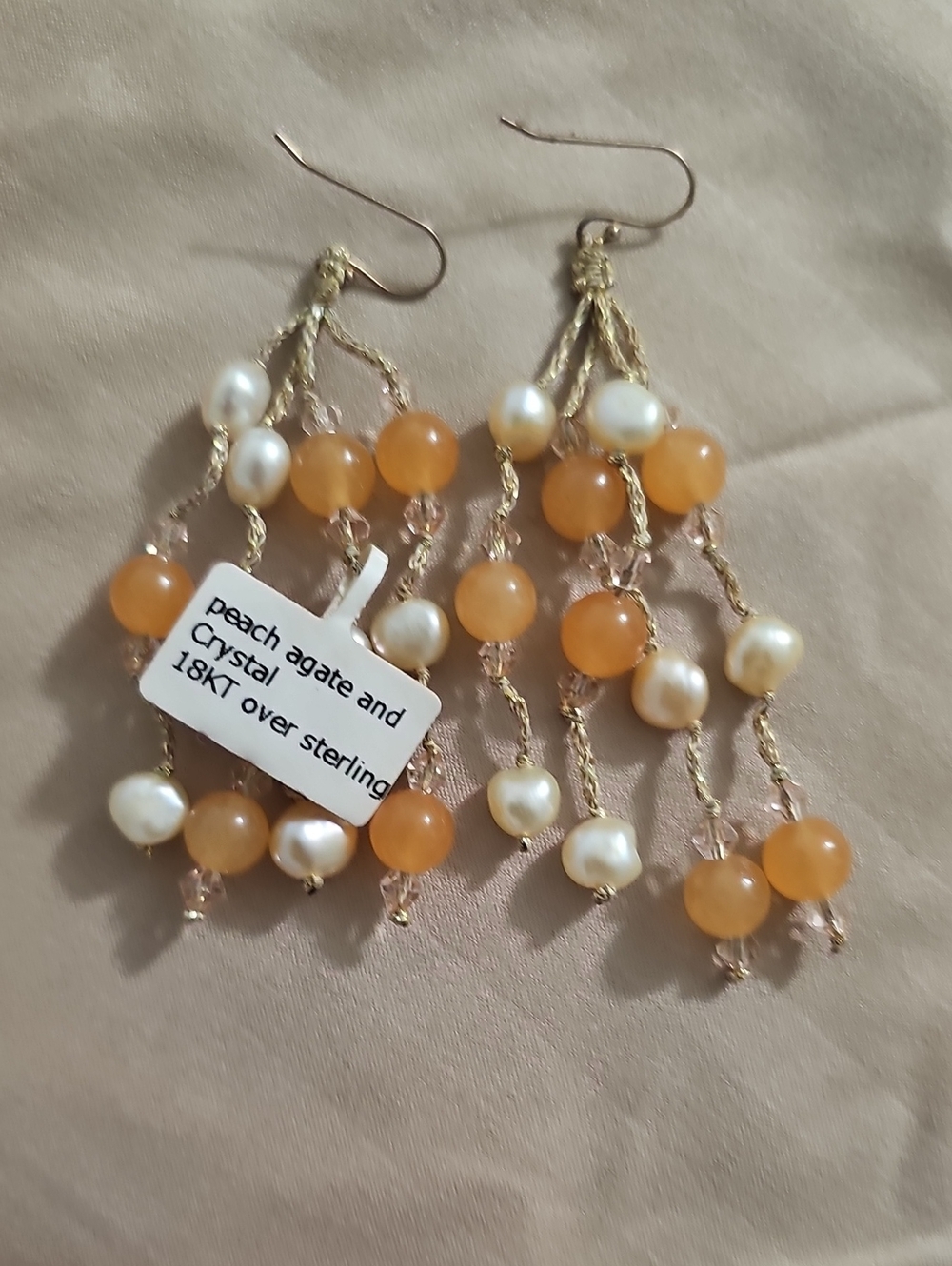 Source Unknown Peach and Pearl Dangle Earrings with Crystal Accents